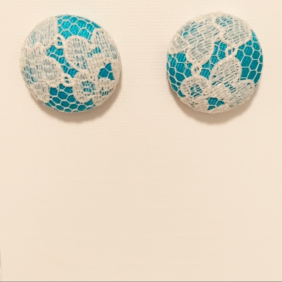 Blue/Lace Button Fabric Covered Earrings - Picture 5 of 8